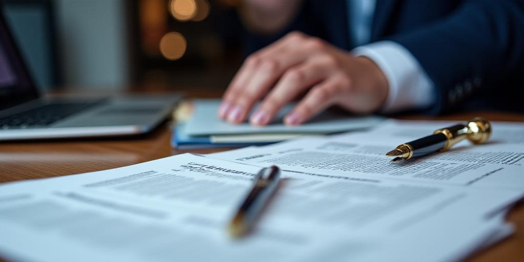 Legal professional reviewing documents on a desk with a laptop