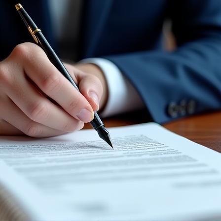 Close up of a professional in a suit reviewing detailed legal clauses with a pen