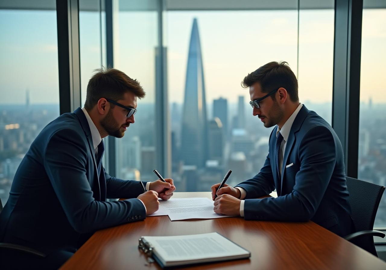 Lawyers discussing contracts in a high-rise London office